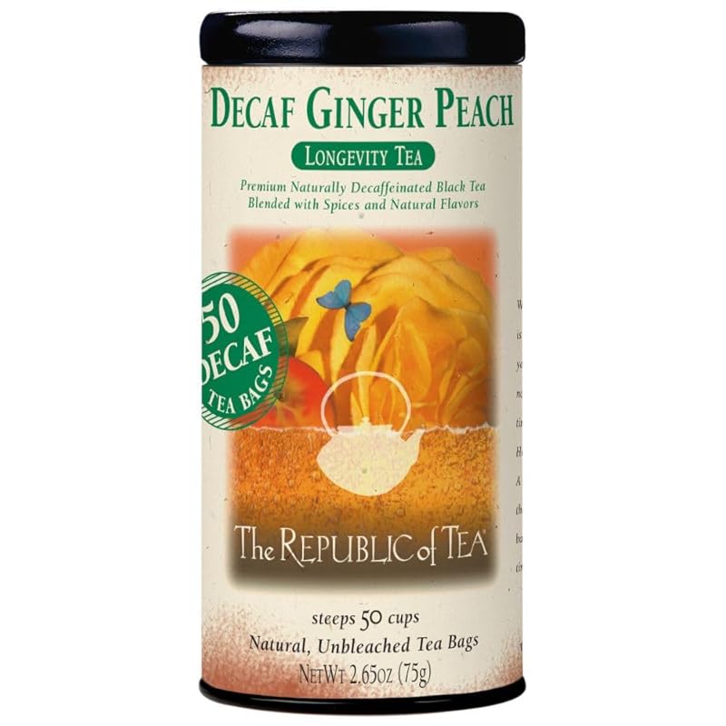 The Republic of Tea Decaf Ginger Peach Black Tea, 50 Tea Bags in Tin