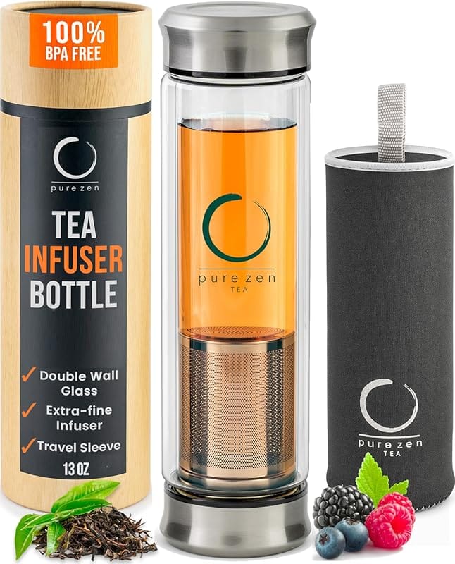 Pure Zen Double Wall Glass Tea Tumbler – Stainless Steel Filter for Loose Leaf & Fruit Infusions, 13oz