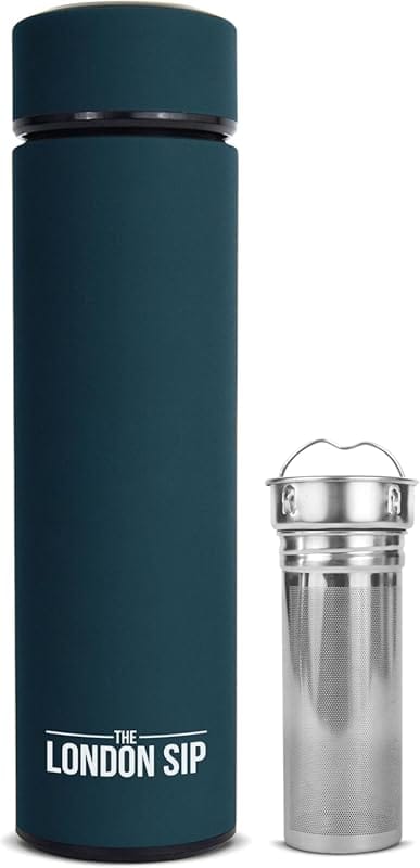 London Sip Double Wall Stainless Steel Travel Mug – Extra-Long Infuser for Hot & Cold Tea, Midnight Teal