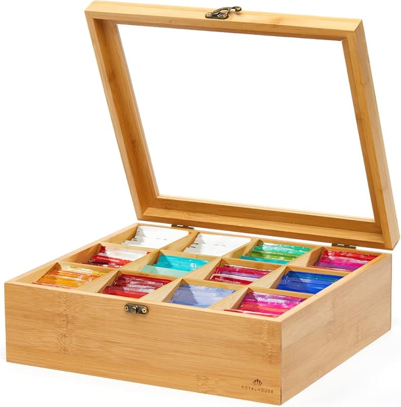 RoyalHouse Big Bamboo Tea Storage Organizer with Clear Acrylic Window,