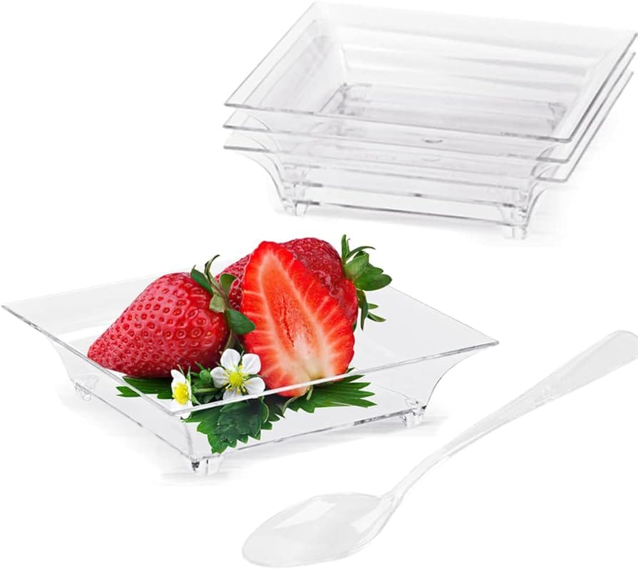 TOFLEN 100ct Mini Square Plates with Spoons, Clear Plastic Serving Dis