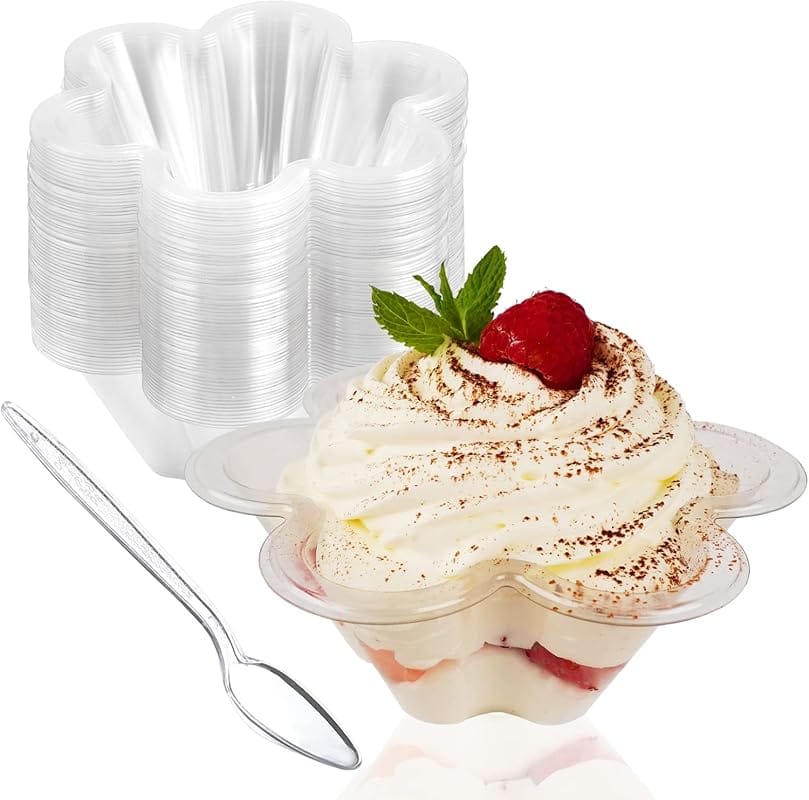 Hiasobre 50ct Clear Flower Shaped Dessert Cups with Spoons for Ice Cre