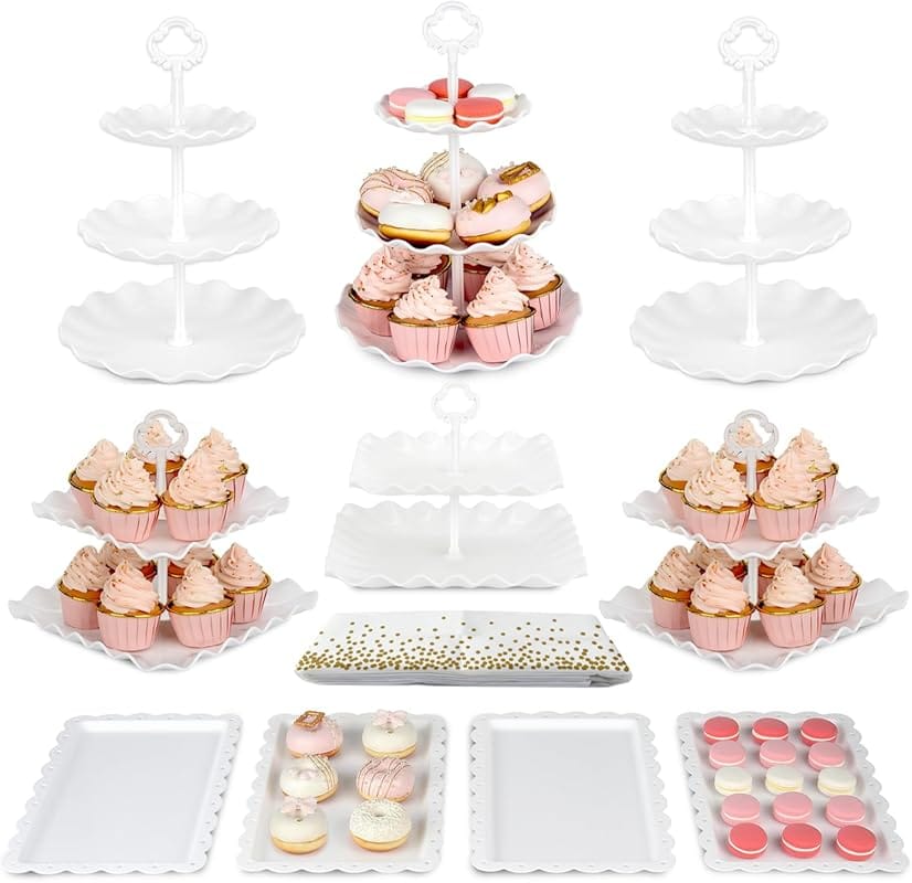 NWK 10-Pack Cake Stand Set with Tiered Stands, Trays & Tablecloth for 