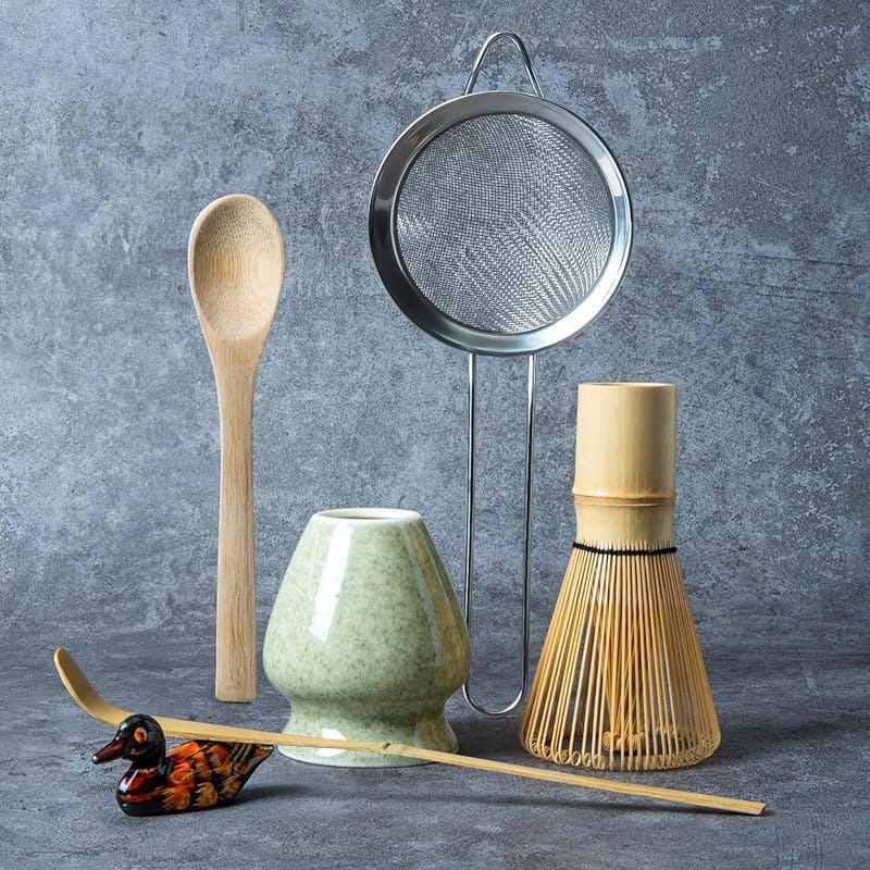 Ceramic Matcha Kit with Holder, Bamboo Scoop & Sifter - 6-Piece Japane