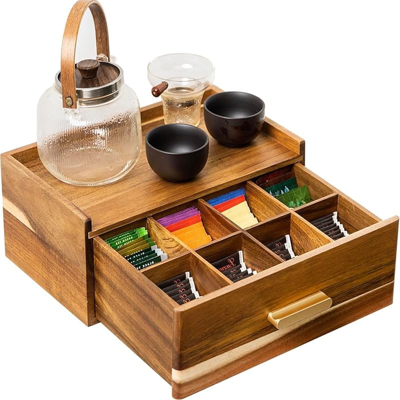 Acacia Wood Tea Organizer and Storage Drawer for Teabag Holder Counter