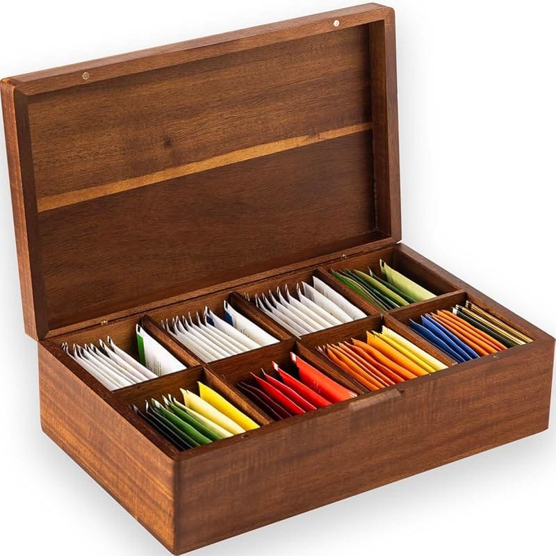 Acacia Wood Tea Bag Organizer with 8 Compartments for Countertop Stora