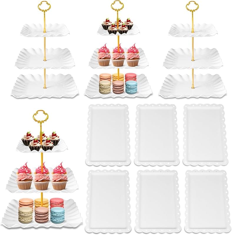 10-Pack Elegant White Dessert Table Set with Three-Tier Stands and Ser