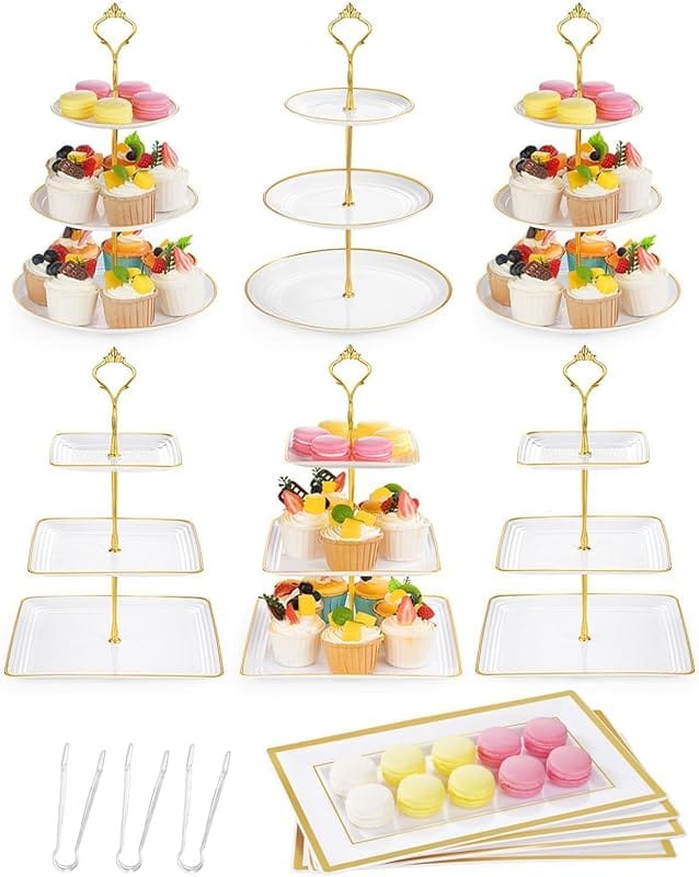 Lzerking 13-Piece Dessert Display Set – White Gold Stands & Trays