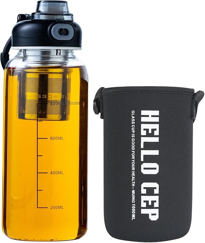 Snminetal 34oz Glass Water Bottle with Infuser & Sleeve – BPA-Free for Tea, Coffee & Cold Drinks