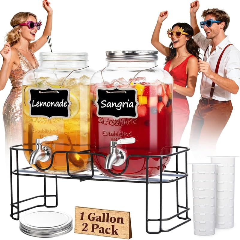 KIKCOIN 1 Gallon Glass Drink Dispenser – 2 Pack with Stainless Steel S