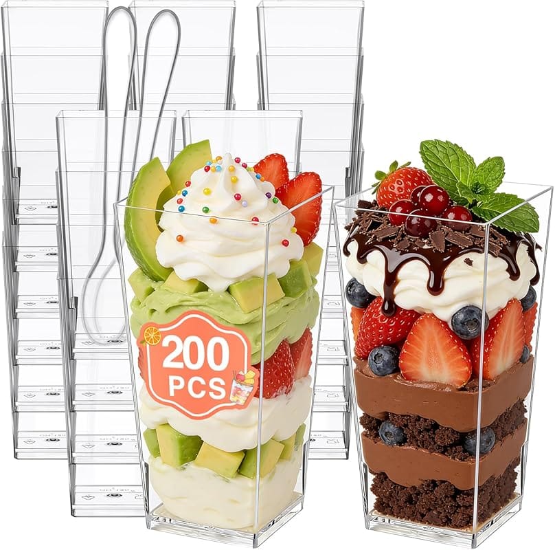 Eupako 3 oz Mini Square Dessert Shooter Cups with Spoons – 200 Pack fo