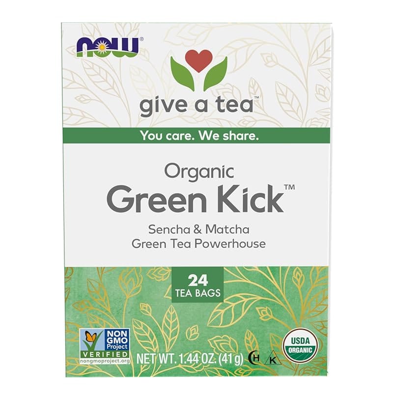 NOW Foods Certified Organic Green Kick Tea Unbleached No-Staples 24ct