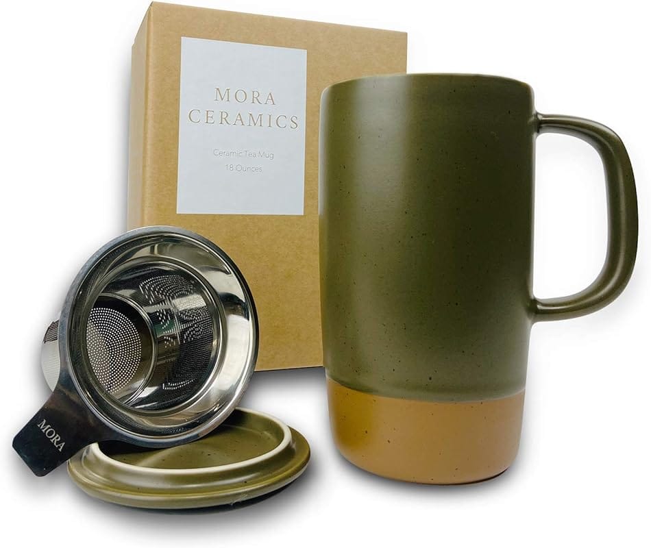 Mora Ceramics Large Tea Mug with Infuser & Lid, 18 oz Rustic Matte Gla