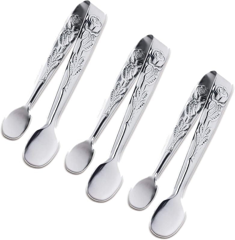 Sunenlyst 3PCS Mini Stainless Steel Sugar Cube Tongs – 4Inch Silver Ic