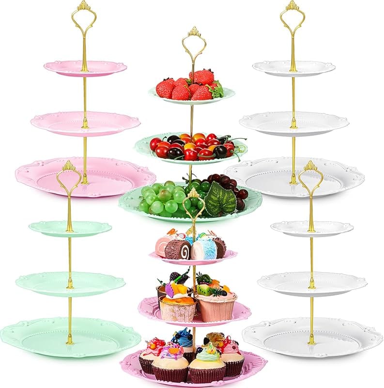 Tea Party Decorations – 6 Sets 3 Tier Plastic Cupcake Stand with Desse