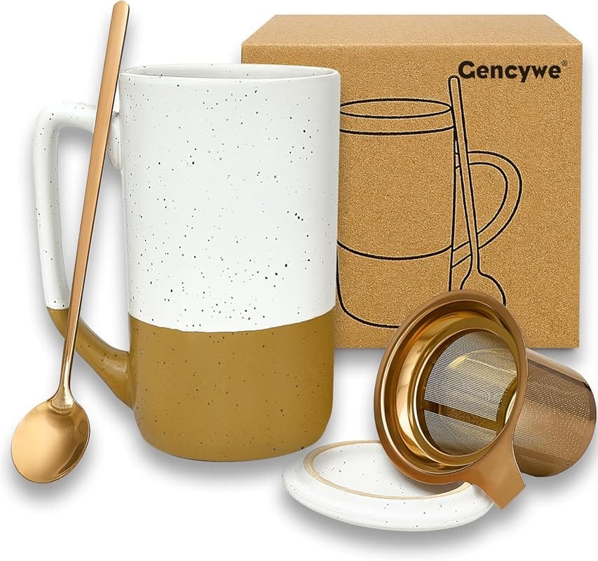 Gencywe Ceramics Large Tea Cup with Infuser, Spoon & Lid, 16 oz Microw