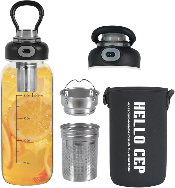 34oz Glass Water Bottle with Tea Strainer & Protective Sleeve for Hot