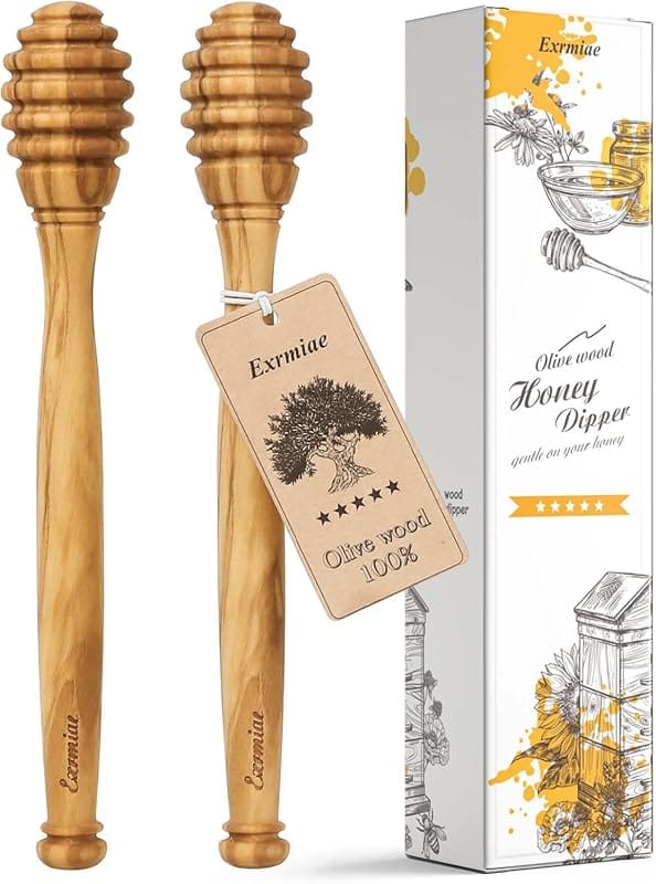 Olive Wood Honey Dipper Sticks – 2pcs, 6.3 Inch, Warp-Resistant & Puri